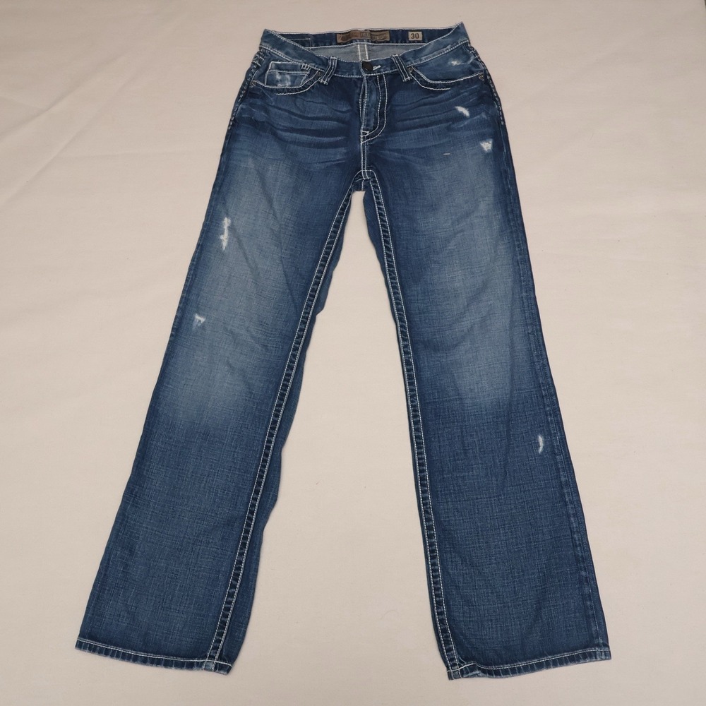 BKE Tyler Straight Jeans Mens 30x33 Medium Wash Distressed Denim Buckle Blue